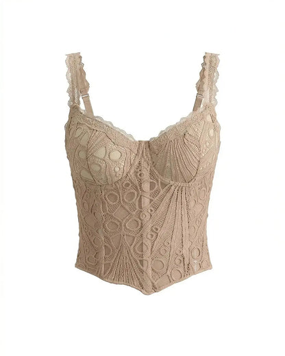 Nude Beige Lace Spaghetti Strap Embroidered Corset Crop Top OMFORT