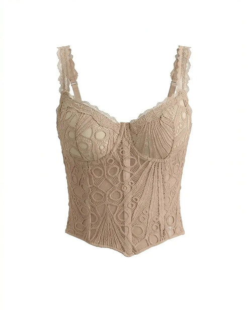 Nude Beige Lace Spaghetti Strap Embroidered Corset Crop Top OMFORT