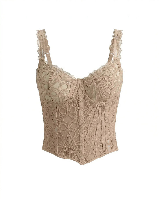 Nude Beige Lace Spaghetti Strap Embroidered Corset Crop Top OMFORT