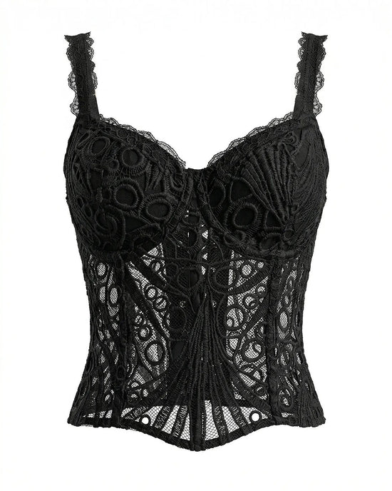 Black Lace Spaghetti Strap Embroidered Corset Crop Top OMFORT