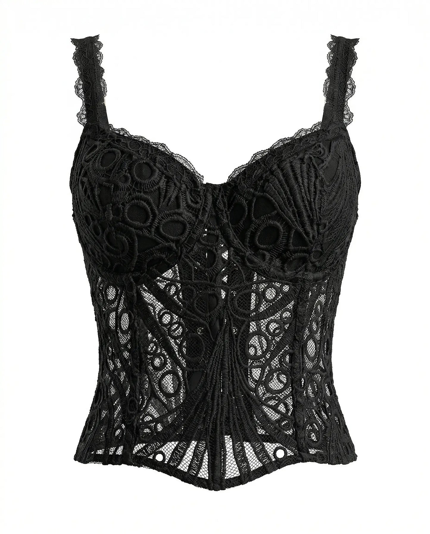 SOLACE  Black Lace Spaghetti Strap Embroidered Corset Crop Top?