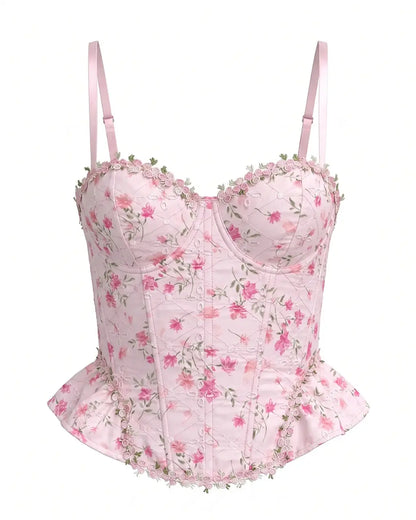 Pink Floral Lace Trim Corset Cami Top OMFORT