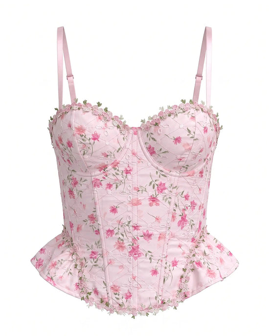 Pink Floral Lace Trim Corset Cami Top OMFORT