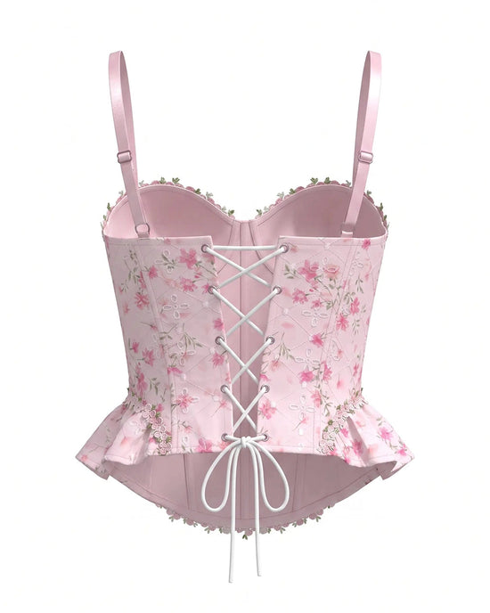 Pink Floral Lace Trim Corset Cami Top OMFORT