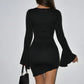 Deep V Neck Lace Patchwork Bell Sleeve Mini Dress SOLACE