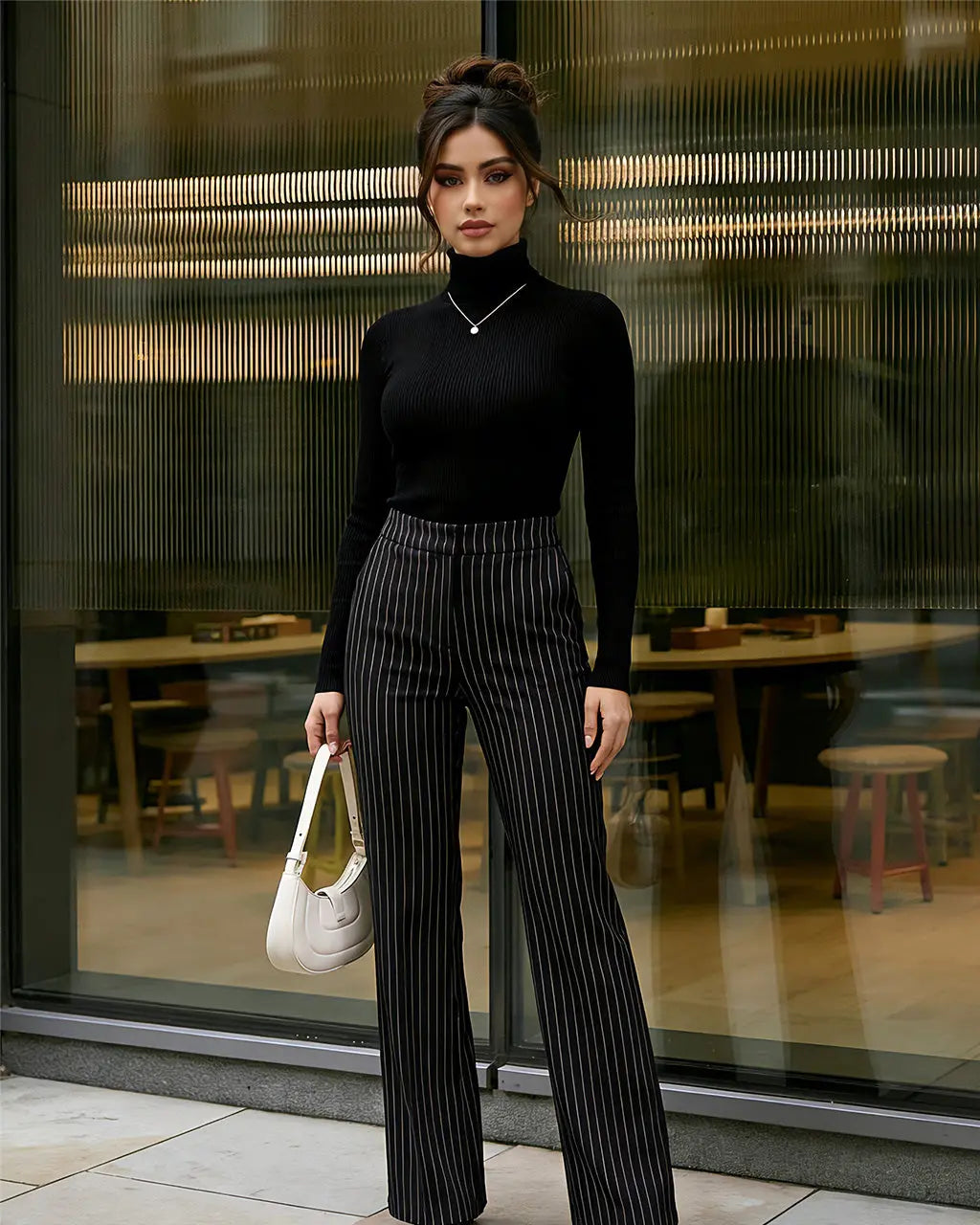 Black Pinstripe High-Waisted Wide-Leg Formal Office Pants SOLACE