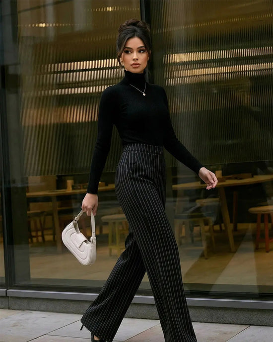 Black Pinstripe High-Waisted Wide-Leg Formal Office Pants SOLACE