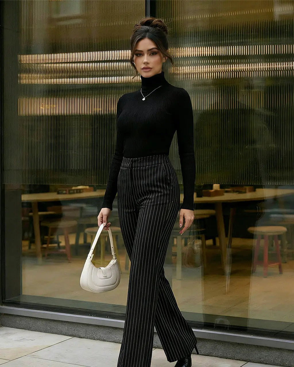 Black Pinstripe High-Waisted Wide-Leg Formal Office Pants SOLACE