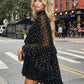 SOLACE  Black Gold Dot Sheer Cape Sleeve Mini Dress?