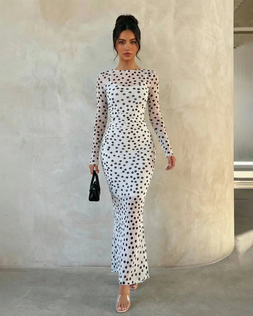 Sheer Mesh Polka Dot Bodycon Maxi Dress SOLACE