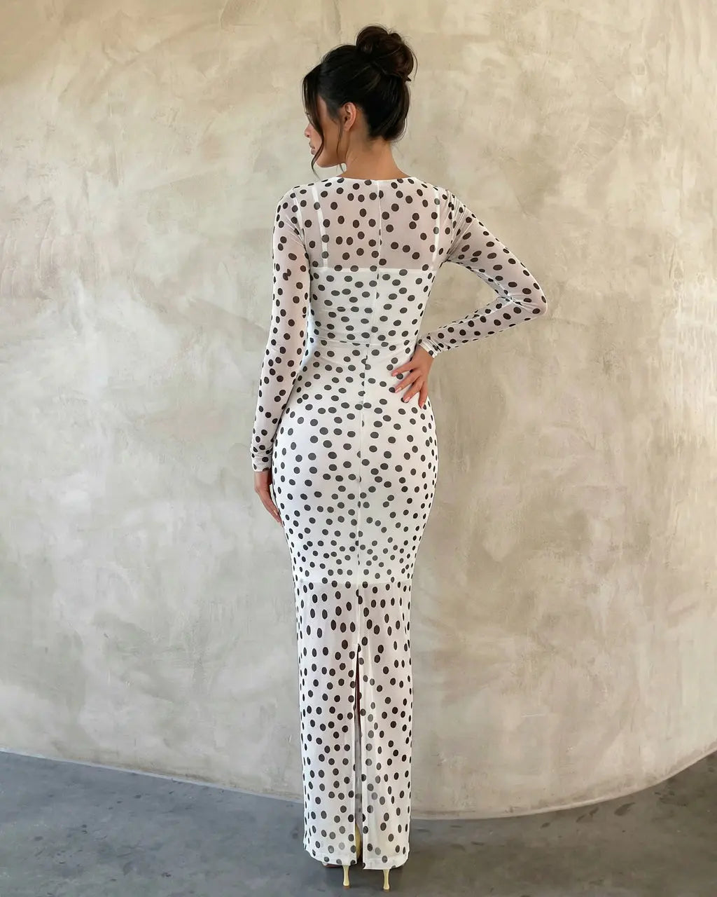 SOLACE  Sheer Mesh Polka Dot Bodycon Maxi Dress?