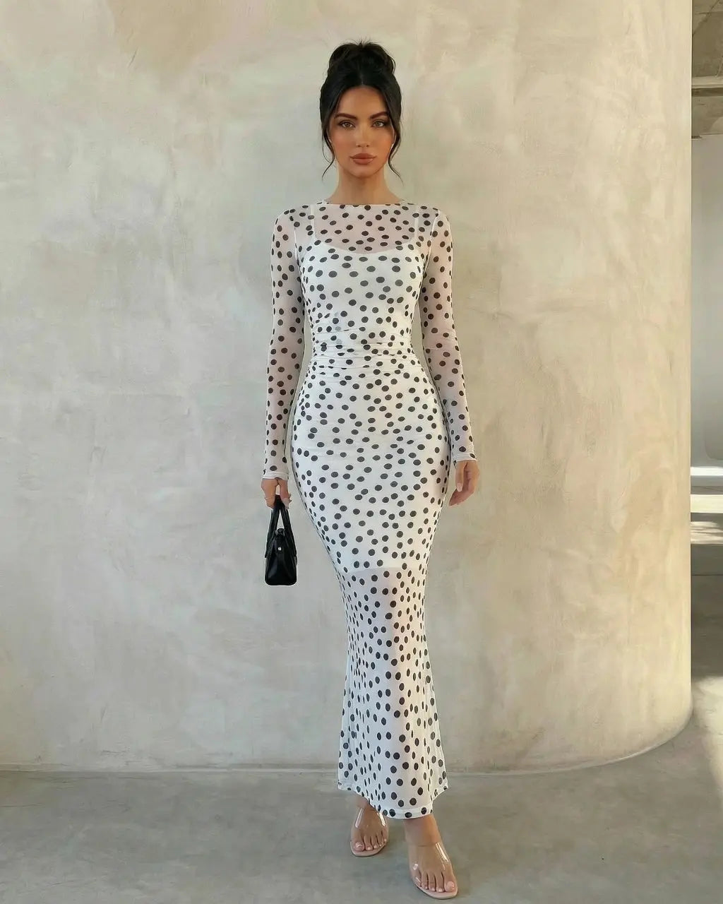 SOLACE  Sheer Mesh Polka Dot Bodycon Maxi Dress?