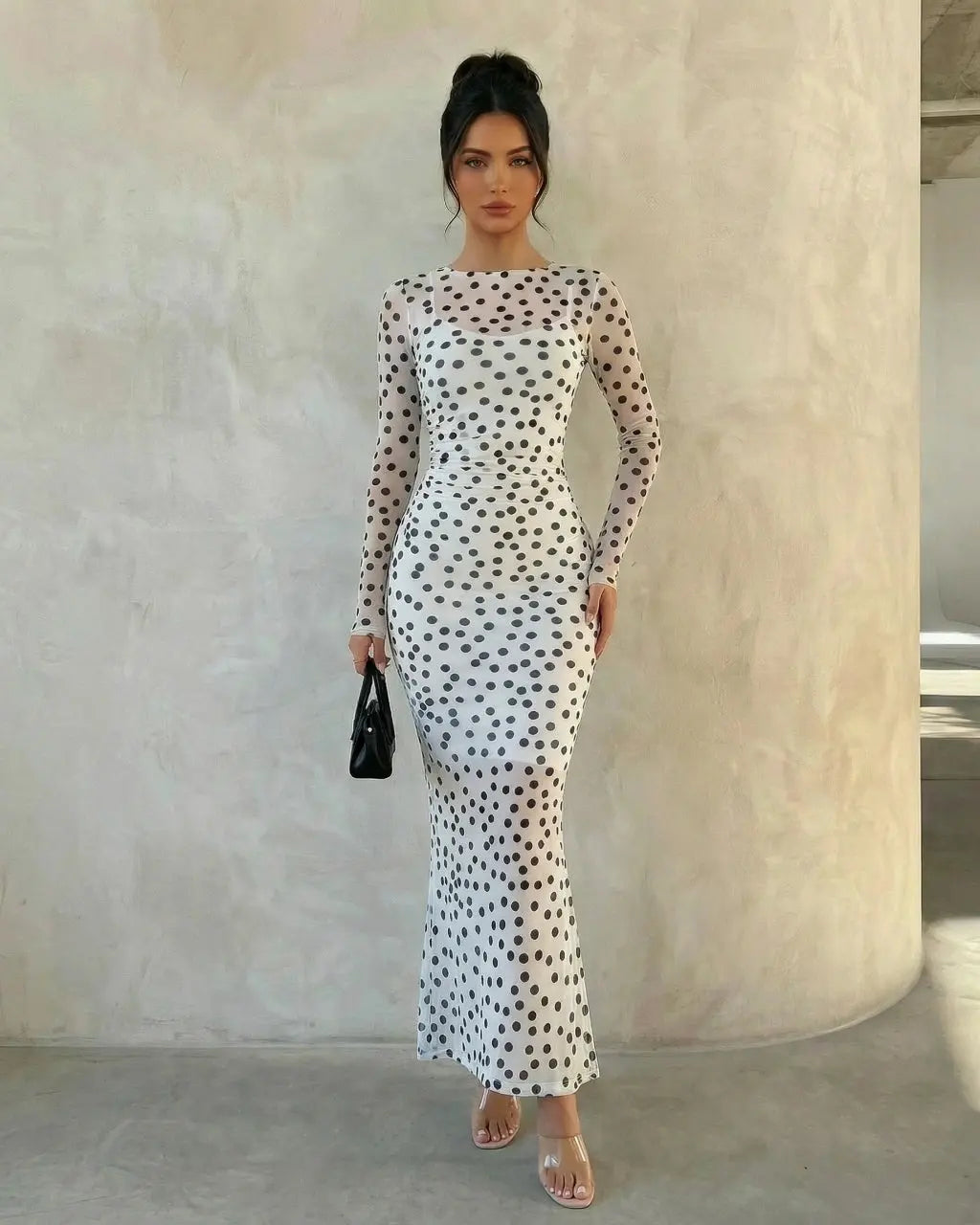 SOLACE  Sheer Mesh Polka Dot Bodycon Maxi Dress?