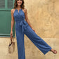 Blue Casual Halter Bead Accent Belted Wide Leg Vacation Jumpsuit SOLACE