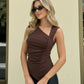 Brown Asymmetrical Neckline Ruched Sleeveless Top SOLACE