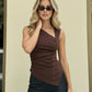 Brown Asymmetrical Neckline Ruched Sleeveless Top SOLACE