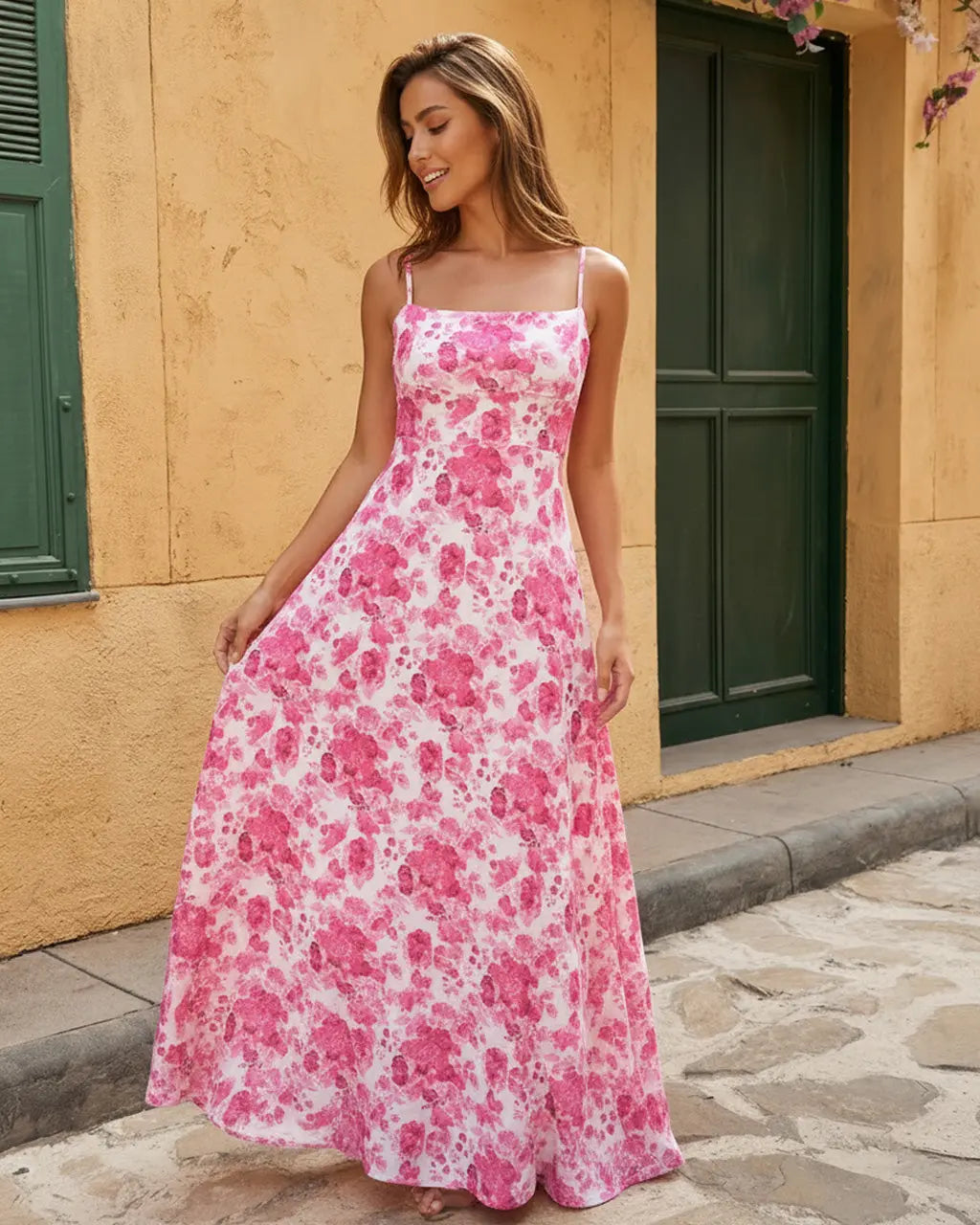 Pink Floral Print Spaghetti Strap Maxi Dress SOLACE