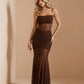 SOLACE  Brown Lace Sheer Waist Ruched Mermaid Maxi Dress?