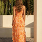 Orange Floral Print Asymmetrical Ruffle Spaghetti Strap Maxi Dress SOLACE