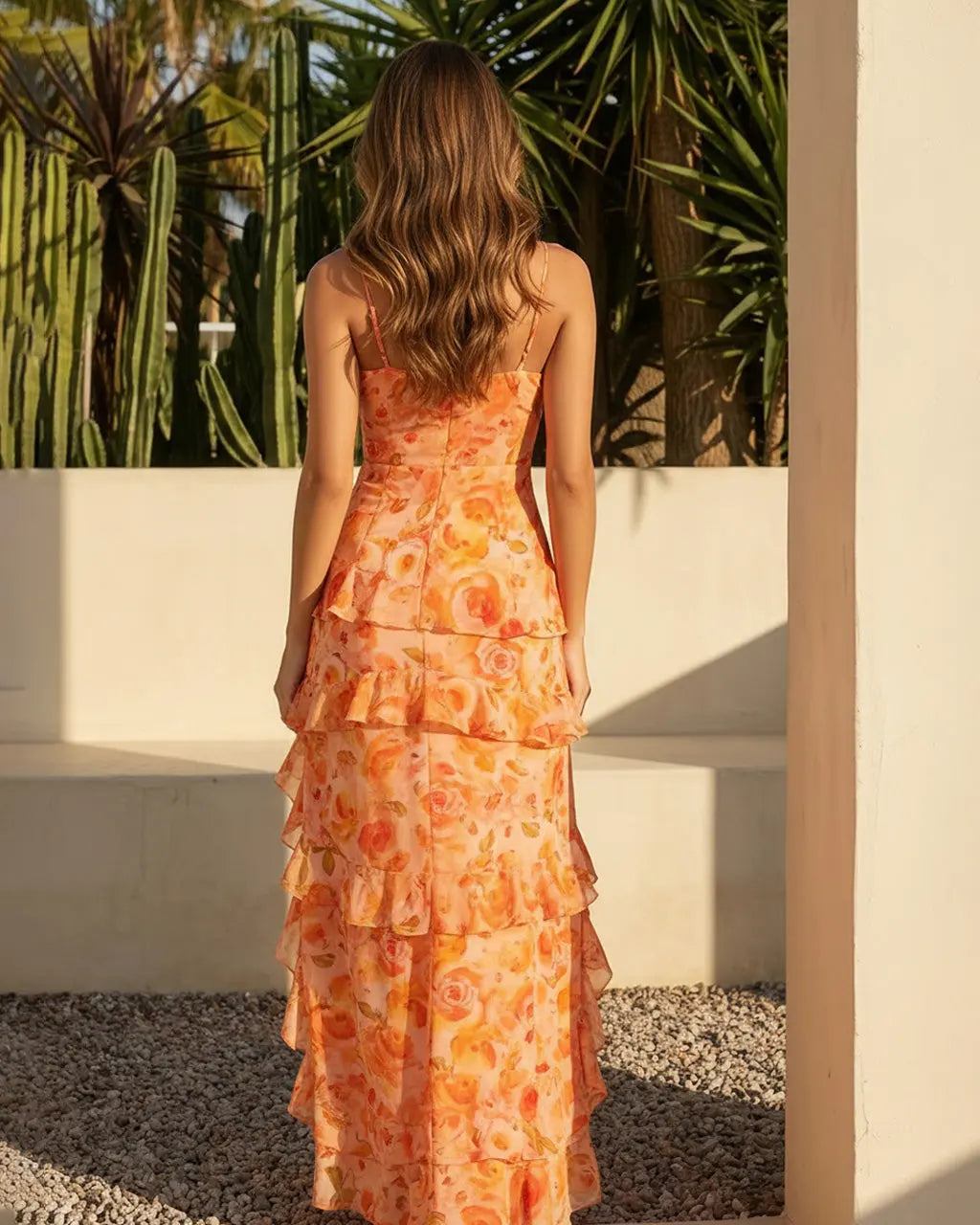 Orange Floral Print Asymmetrical Ruffle Spaghetti Strap Maxi Dress SOLACE