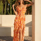 Orange Floral Print Asymmetrical Ruffle Spaghetti Strap Maxi Dress SOLACE