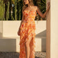 Orange Floral Print Asymmetrical Ruffle Spaghetti Strap Maxi Dress SOLACE