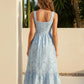 Light Blue Floral Textured Fabric Slim Fit Midi Dress SOLACE