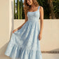 Light Blue Floral Textured Fabric Slim Fit Midi Dress SOLACE
