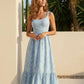 Light Blue Floral Textured Fabric Slim Fit Midi Dress SOLACE