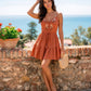 Terracotta Floral Embroidered Cotton Linen Slim Fit Boho Mini Dress OMFORT