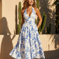 Blue Floral Print Halter Neck A-Line Midi Dress SOLACE