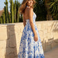 Blue Floral Print Halter Neck A-Line Midi Dress SOLACE