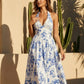 Blue Floral Print Halter Neck A-Line Midi Dress SOLACE