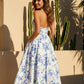 Blue Floral Print Halter Neck A-Line Midi Dress SOLACE