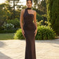 Brown One-Shoulder Scarf Detail Ruched Maxi Dress SOLACE