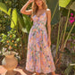 Elegant Floral Print V-Neck Pleated Midi Dress OMFORT