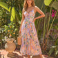 Elegant Floral Print V-Neck Pleated Midi Dress OMFORT
