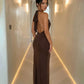 Brown Ruched Bodycon Stretch Slim Maxi Dress Sleeveless Party Dress SOLACE