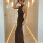 Brown Ruched Bodycon Stretch Slim Maxi Dress Sleeveless Party Dress SOLACE