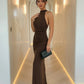 Brown Ruched Bodycon Stretch Slim Maxi Dress Sleeveless Party Dress SOLACE