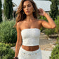 SOLACE  White Textured Strapless Crop Top High Waist Mini Shorts Set?