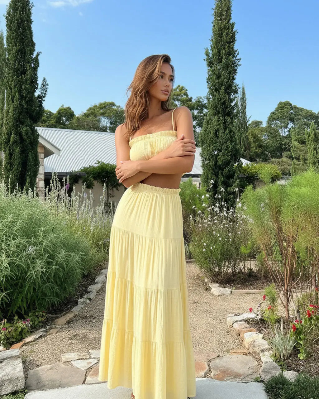 Yellow Camisole Set Tube Crop Top Tiered Maxi Skirt SOLACE