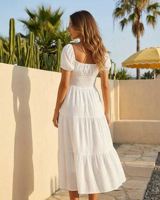 White Puff Sleeve Sweetheart Neck Tiered Ruffle Midi Dress SOLACE