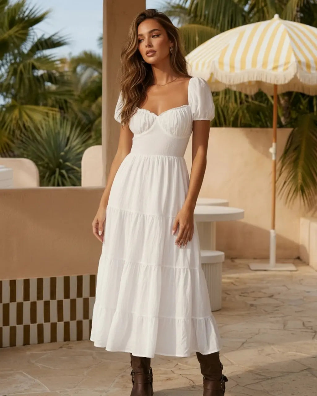 SOLACE  White Puff Sleeve Sweetheart Neck Tiered Ruffle Midi Dress?