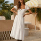 SOLACE  White Puff Sleeve Sweetheart Neck Tiered Ruffle Midi Dress?
