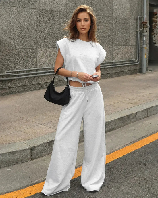Light Grey Drawstring Waist Crop Top  Wide Leg Pants Set SOLACE