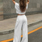 Light Grey Drawstring Waist Crop Top  Wide Leg Pants Set SOLACE