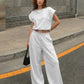 Light Grey Drawstring Waist Crop Top  Wide Leg Pants Set SOLACE