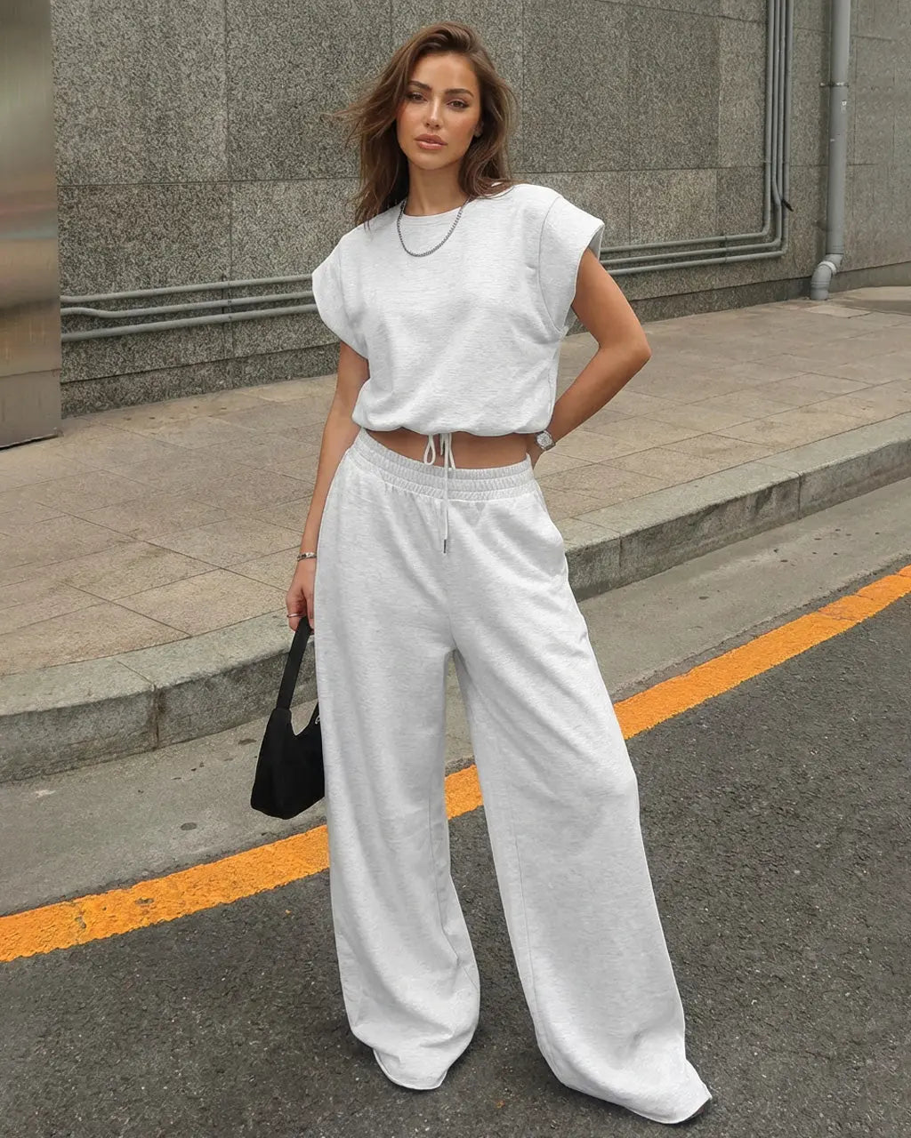 Light Grey Drawstring Waist Crop Top  Wide Leg Pants Set SOLACE