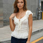 White Ruffled Tie Front Textured Slim Fit Cropped Top SOLACE